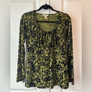 Sundance Blouse Olive Green Black Burnout Velvet Scoop Neck Flowy (Size M)